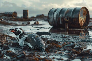 Penguin in polluted coastal environment with oil drums