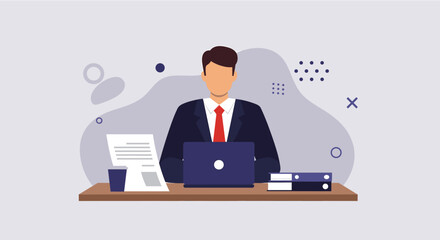 Modern flat design illustration of a businessman working at a desk with a laptop, perfect for marketing and web design presentations.