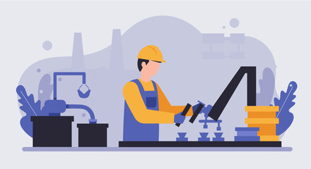 Modern flat design illustration of a factory worker operating machinery on an industrial production line, perfect for business concepts.