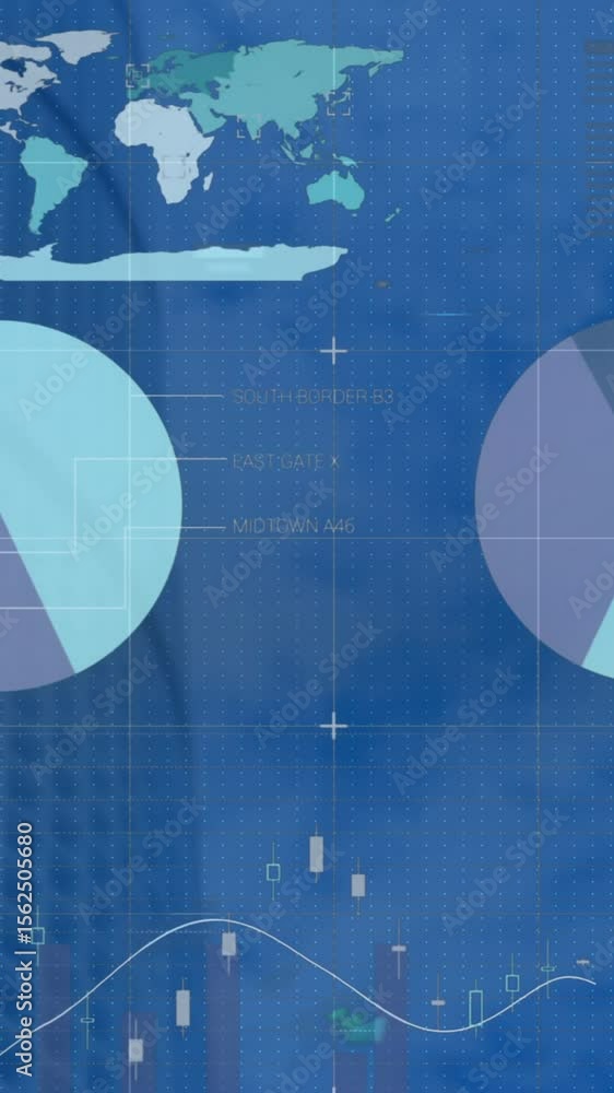 Poster animation of statistics and financial data processing over modern building