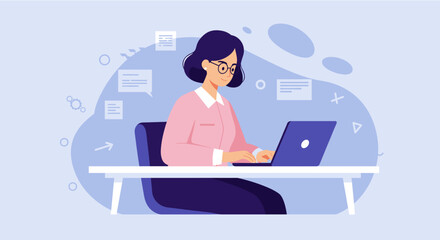 a woman seated at a desk, engrossed in work on a laptop, surrounded by floating text bubbles and icons. Suitable for landing page, banner, marketing, web design, presentation, infographic, etc.
