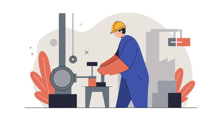 An engaging flat design illustration portrays a male factory worker diligently operating heavy machinery within an industrial setting, perfect for business presentations.