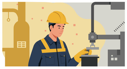 a construction worker wearing a hard hat and safety vest, operating a piece of machinery in a factory setting. Suitable for landing page, banner, marketing, web design, presentation, infographic, etc.