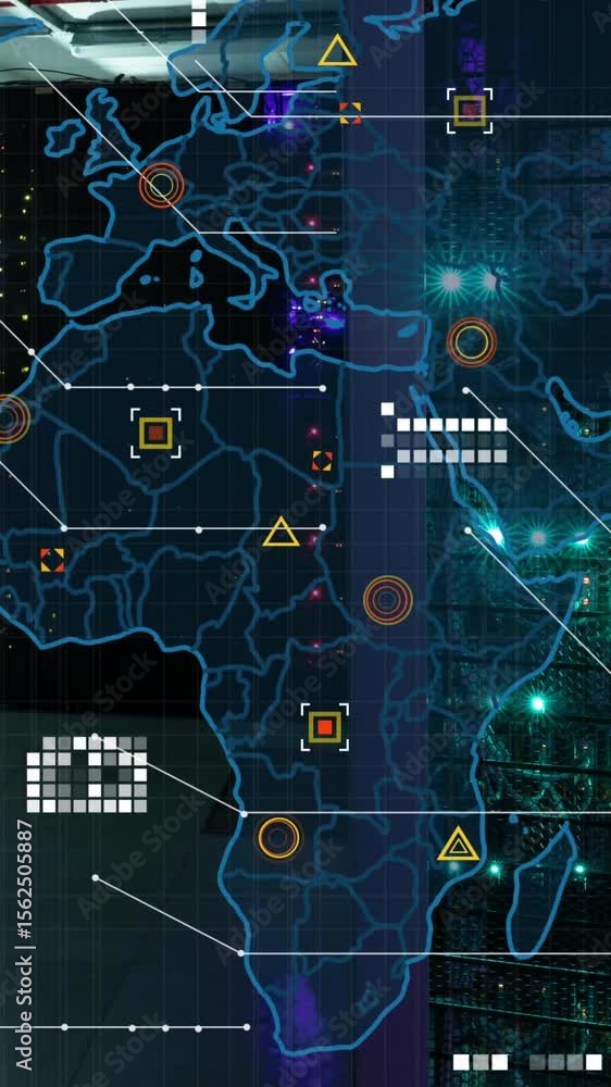 Poster animation of world map and data processing against empty computer server room