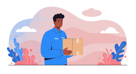 a man in a blue shirt holding a cardboard box, standing against a backdrop of clouds and colorful plants. Suitable for landing page, banner, marketing, web design, presentation, infographic, etc.