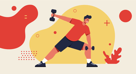 A man in a flat design illustration performs a dumbbell exercise, perfect for web banners, marketing materials, and health-related landing pages.