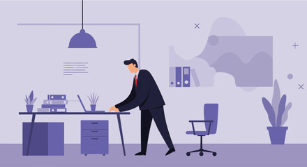 Obraz premium A modern flat design illustration showcases a businessman working diligently at his office desk, using a laptop for marketing and web design tasks, with a focus on business and presentation.