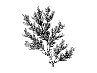 Naklejka premium Juniper Tree Leaves engraving, hand-drawn vintage botanical art, evergreen foliage, rustic tree sketch, nature wall print, black old engraving style, trendy home decor, eco-friendly design