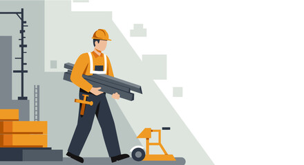 Construction worker carrying metal pipes on a building site, flat design illustration perfect for landing pages, banners, marketing materials, and presentations.