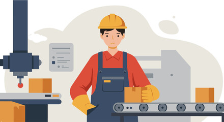 a worker wearing a hard hat and overalls, standing in a factory setting with machinery in the background. Suitable for landing page, banner, marketing, web design, presentation, infographic, etc.