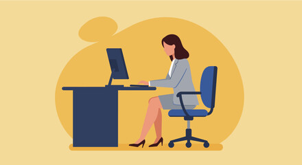 a woman sitting at a desk using a computer, with a yellow circular background. Suitable for landing page, banner, marketing, web design, presentation, infographic, etc.