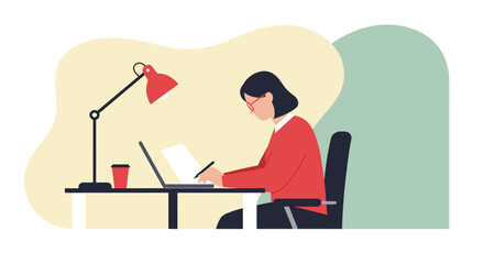 a person seated at a desk, engrossed in work on a laptop, with a red lamp providing light to the workspace. Suitable for landing page, banner, marketing, web design, presentation, infographic, etc.