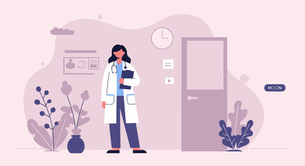Flat design illustration of a female doctor standing in a modern clinic reception area, perfect for web design and marketing.