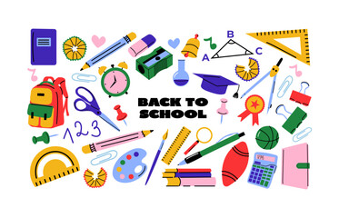 Back to School Sticker Set in Retro 90s Style.Funky student characters, school supplies, and classroom vibes.Bright, colorful vector illustrations for office, study, and learning themes. 