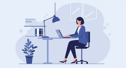 A woman is seated at a desk, working on a laptop with a potted plant to her side and a lamp overhead. Suitable for landing page, banner, marketing, web design, presentation, infographic, etc.