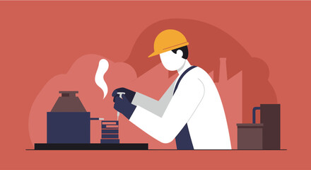 Industrial worker in hard hat and lab coat performing chemical analysis in a factory setting, modern flat design.