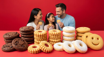 Joyful family celebrating with a variety of sweet cookies