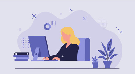 a woman seated at a desk, engrossed in work on a computer, surrounded by office supplies and a potted plant. Suitable for landing page, banner, marketing, web design, presentation, infographic, etc.