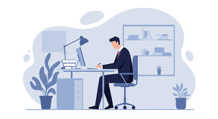 A man dressed in a suit is seated at a desk, working on a computer with a lamp illuminating his workspace. Suitable for landing page, banner, marketing, web design, presentation, infographic, etc.