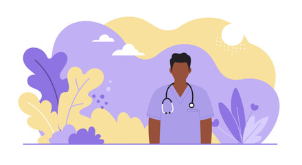 A male doctor in medical scrubs with a stethoscope stands against a vibrant flat design background, perfect for healthcare marketing and web design.