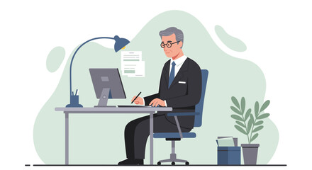 a man in a suit sitting at a desk, working on a computer with a lamp above him, and a plant to his right. Suitable for landing page, banner, marketing, web design, presentation, infographic, etc.