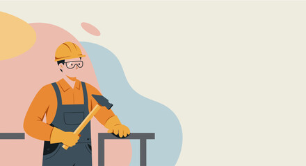 A construction worker in safety gear stands near a railing, providing a clean and modern flat design visual suitable for a landing page or marketing banner.
