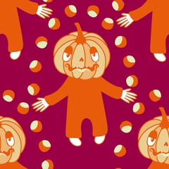 Naklejka premium Autumn harvest vegetable seamless monster Halloween pumpkins pattern for wrapping paper and fabrics