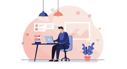 a man seated at a desk, engrossed in work on a laptop, with a potted plant and a window in the background. Suitable for landing page, banner, marketing, web design, presentation, infographic, etc.