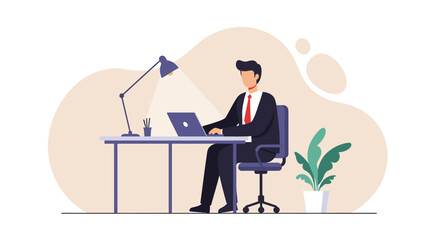 A man dressed in a suit is seated at a desk, working on a laptop with a lamp illuminating his workspace. Suitable for landing page, banner, marketing, web design, presentation, infographic, etc.