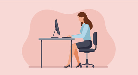 a woman sitting at a desk using a computer, with a light pink background. Suitable for landing page, banner, marketing, web design, presentation, infographic, etc.