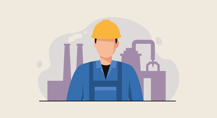 This modern flat design illustration portrays a male industrial worker wearing a hard hat and uniform, standing in front of factory buildings and pipes.