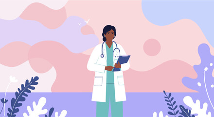 Friendly female doctor in flat design, perfect for healthcare websites, presentations or marketing materials; uses soft pastel colors and simple shapes for a clean and modern aesthetic.