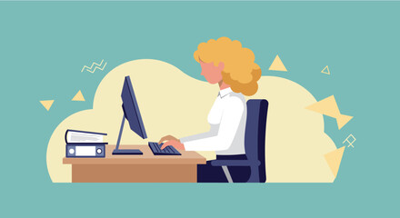 A focused businesswoman diligently works on her computer at an office desk, surrounded by abstract shapes and a calming color palette.