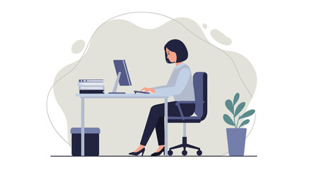 Illustration of a woman working at a computer in a modern office setting, showcasing remote work and technology with a clean, minimalist aesthetic.