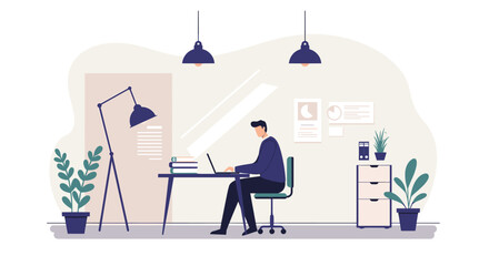 a man seated at a desk, engrossed in work on a laptop, surrounded by office equipment and plants. Suitable for landing page, banner, marketing, web design, presentation, infographic, etc.