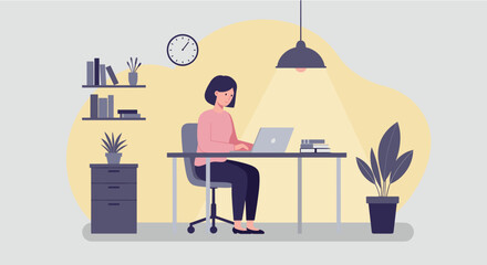 A woman is diligently working on her laptop at a modern desk in a cozy home office, illuminated by a warm desk lamp, representing remote productivity and online business.