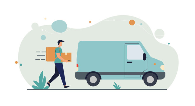 A delivery person is depicted carrying a package and walking towards a light blue delivery van. Suitable for landing page, banner, marketing, web design, presentation, infographic, etc.