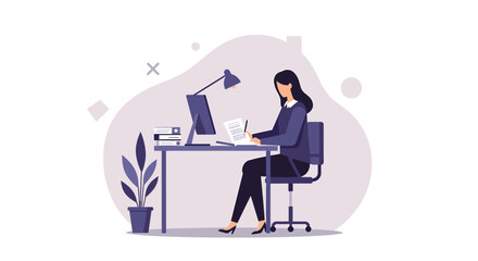 Focused businesswoman working diligently at her desk with a computer and papers, illuminated by a desk lamp.