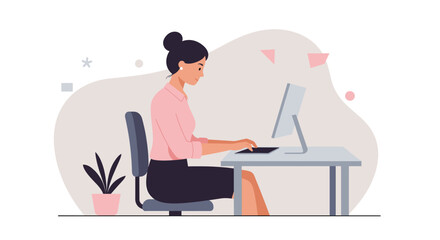 A professional woman in a pink shirt and black skirt diligently works on her desktop computer at a modern office desk, depicted in a clean vector illustration style.