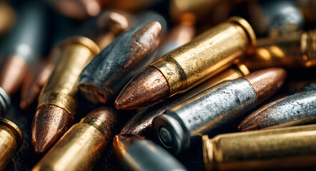 Obraz premium Close up of a large jumbled pile of silver and gold rifle ammunition cartridges