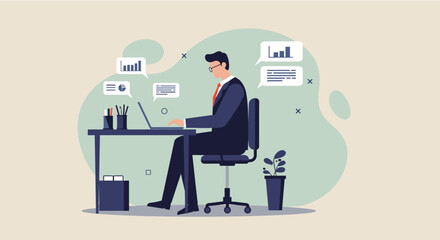 A professional man is depicted working diligently at his desk, utilizing a laptop and various charts to analyze data in a modern office setting.