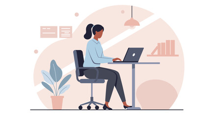 a woman sitting at a desk, working on a laptop, with a plant to her left and a bookshelf to her right. Suitable for landing page, banner, marketing, web design, presentation, infographic, etc.