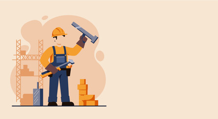 A professional construction worker in a hard hat and overalls holds essential building tools, representing labor, development, and craftsmanship.