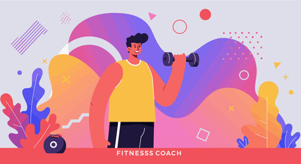 a man lifting a dumbbell. Suitable for landing page, banner, marketing, web design, presentation, infographic, etc.