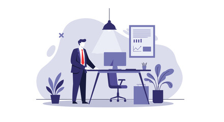 Modern flat design illustration of a businessman in a contemporary office, perfect for marketing and web presentations.