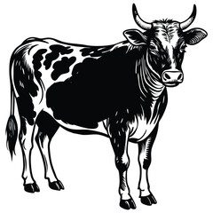 Black and White Illustration of a Spotted Dairy Cow Standing