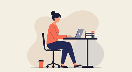 a woman seated at a desk, engrossed in work on a laptop, with a stack of binders beside her. Suitable for landing page, banner, marketing, web design, presentation, infographic, etc.