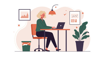a woman sitting at a desk, working on a laptop, with a plant to her right and a lamp overhead. Suitable for landing page, banner, marketing, web design, presentation, infographic, etc.