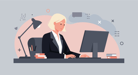 A professional businesswoman, with blonde hair, is working diligently at her desk, focused on her computer screen, in a modern office setting.