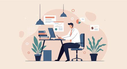 A flat vector illustration depicts a man working at his desk on a laptop, surrounded by plants and charts in a modern, comfortable home office setup.